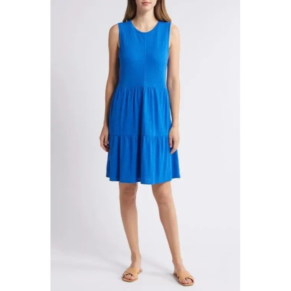 Caslon Blue Fountain Sleeveless Tiered Knit Dress Women's Size L Jersey